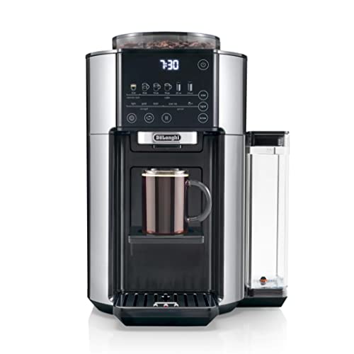 De'Longhi TrueBrew Drip Coffee Maker, Built in Grinder, Single Serve, 8 oz to 24 oz, Hot or Iced Coffee, Stainless, CAM51025MB, 15"D x 13.7"W x 15.8"H